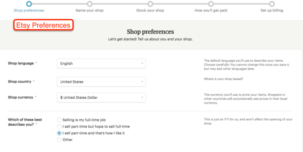 Điền thông tin vào Shop Preferences trên Etsy